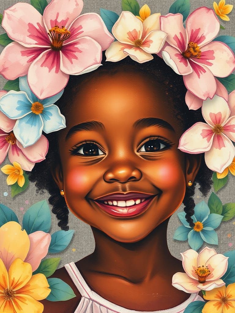 Smiling Girl Portrait in Mixed Media Collage