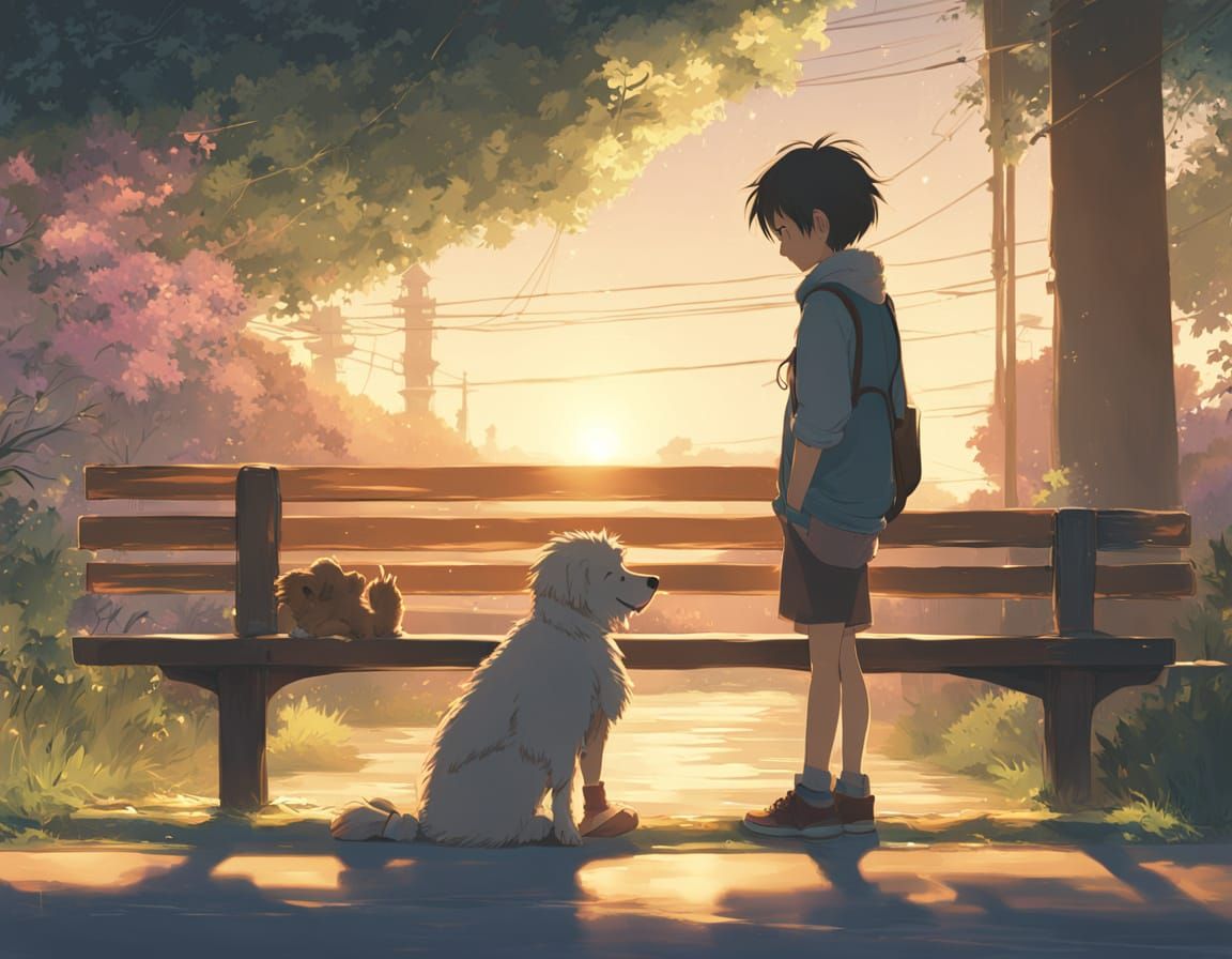 Boy and Dog Embrace on Park Bench in Golden Light