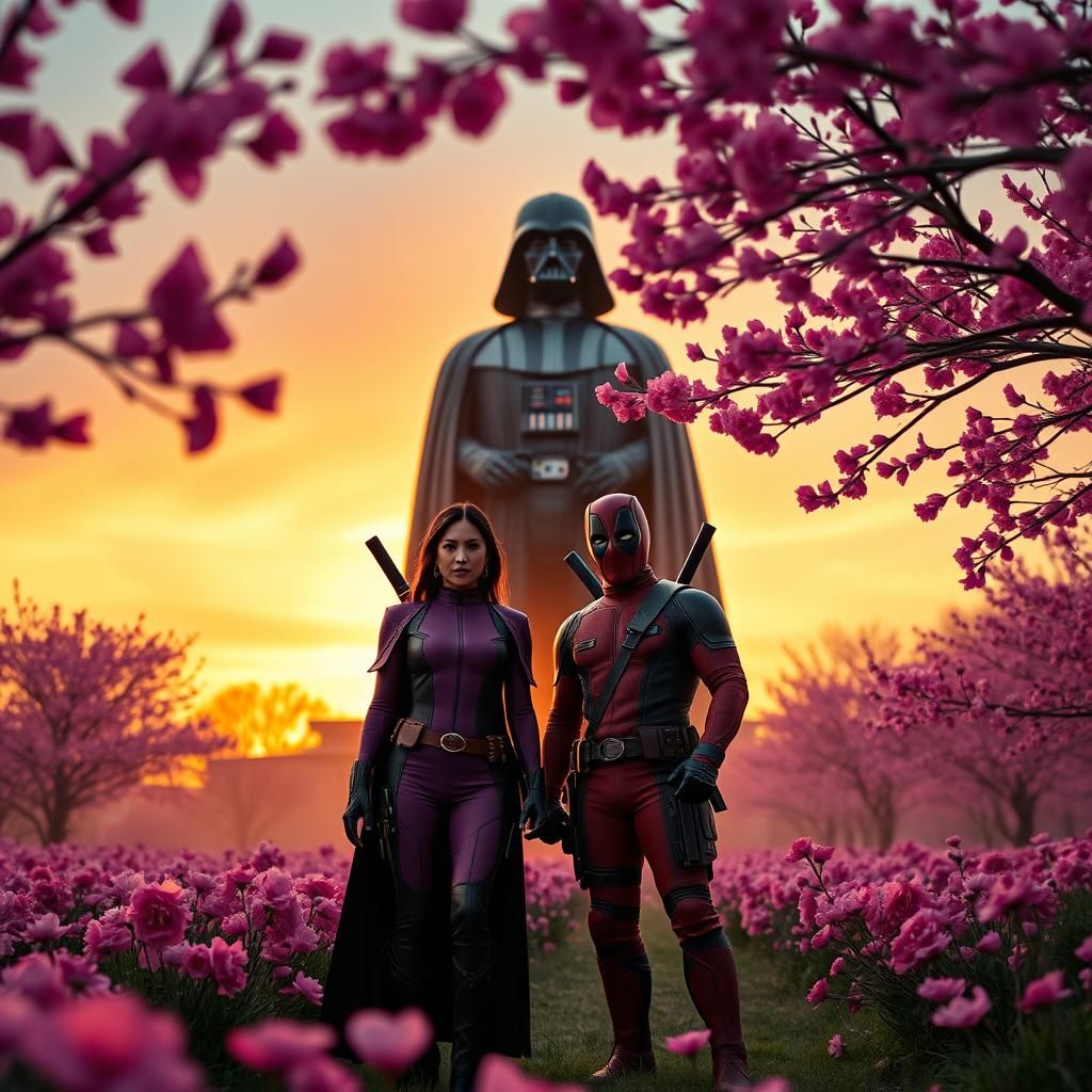Psylocke and Deadpool in Cherry Blossom Field