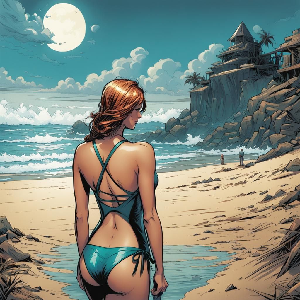 Girl in Swimsuit on Beach in Comic Book Style