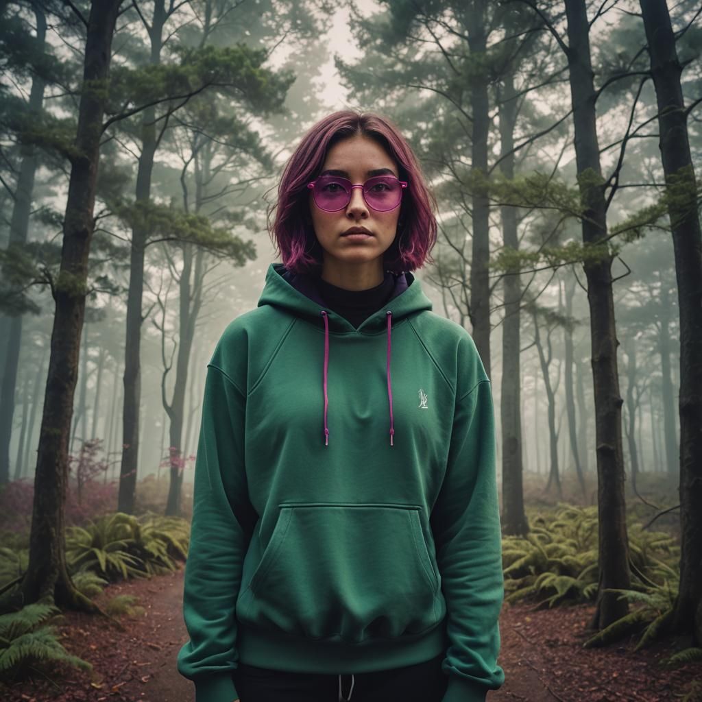 Teen Girl in Foggy Woods: Cinematic Film Still