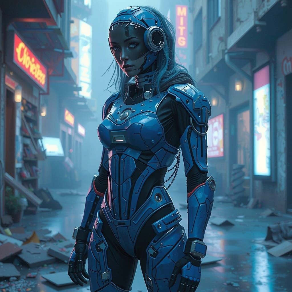 Cyborg Warrior Emerges from Ruins in Industrial Futurism Sty...