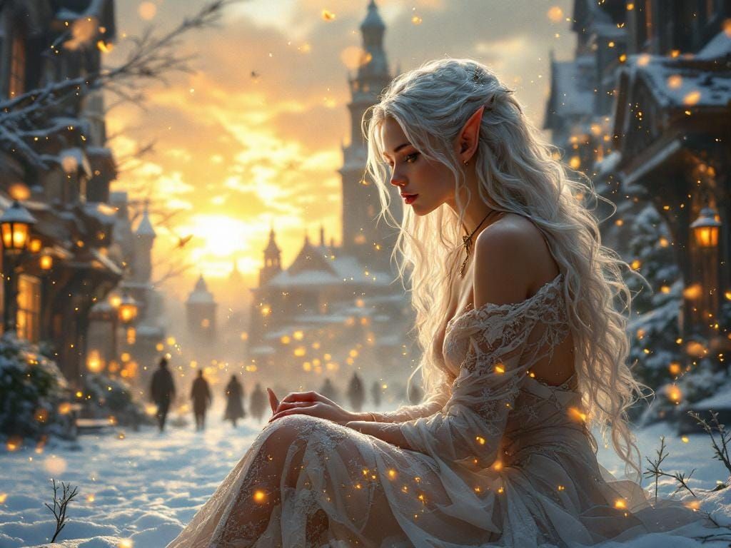 Ethereal Elven Woman in Snowy Cityscape