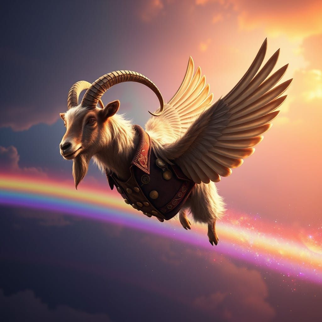 Majestic Flying Goat Soars Through Vibrant Rainbow Sky