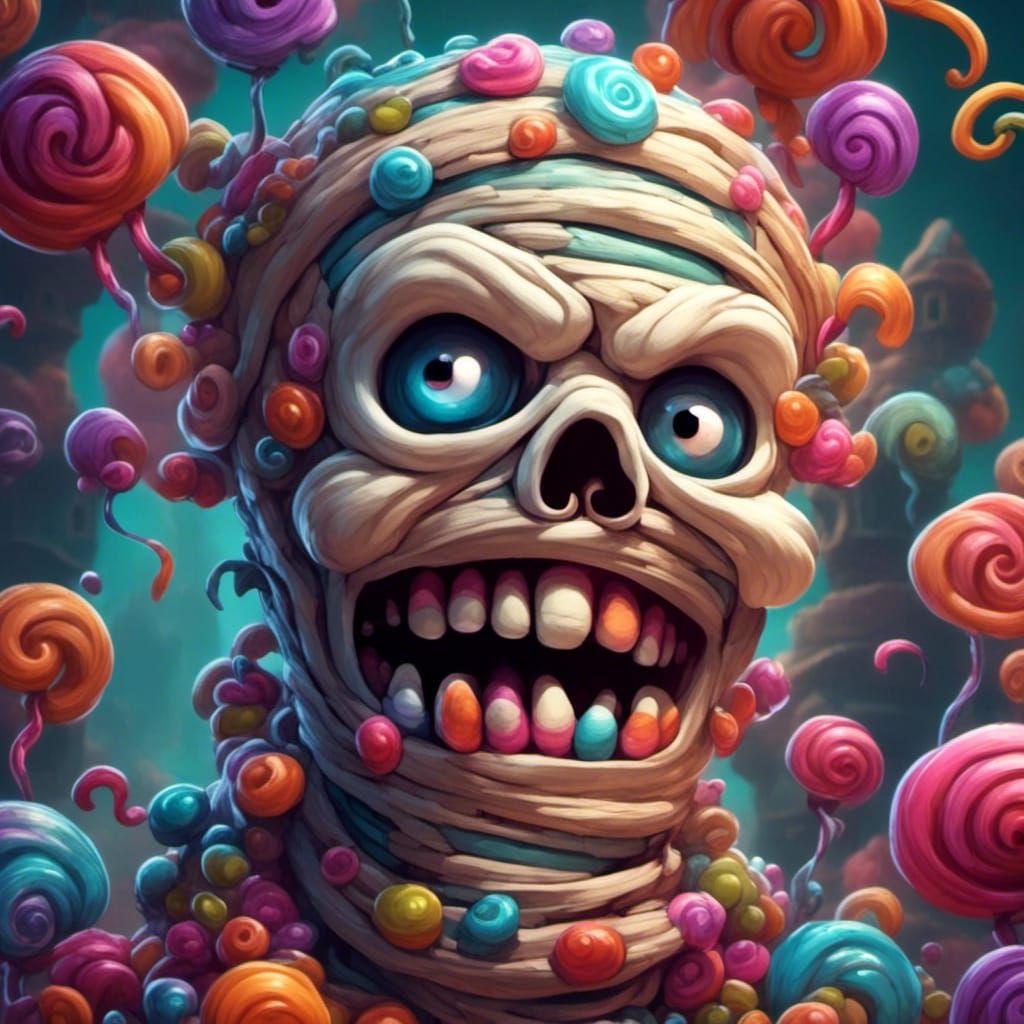 "cartoon  mummy ghost exaggerating  the relevant facial features!!”  gan art style, caricature!, digital illustration” p...