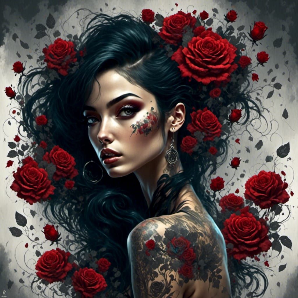 Tattooed Girl with Roses: 3D Flower Portrait