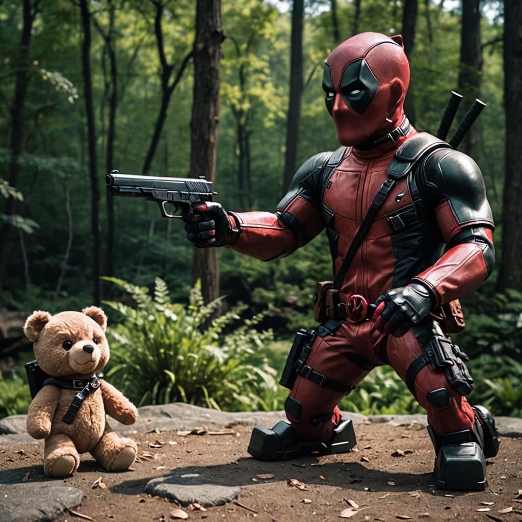 Deadpool Confronts Teddy Bear in Cinematic Still