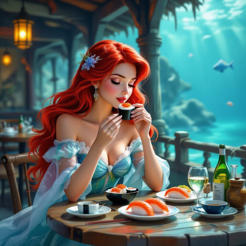 Ariel Savoring Sushi in Fantasy Restaurant