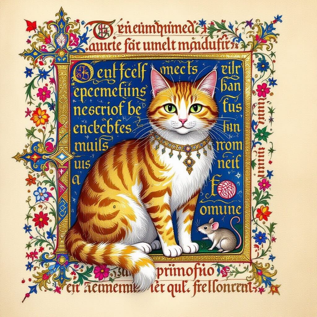 Medieval Cat Illuminated Manuscript Page with Gold Leaf