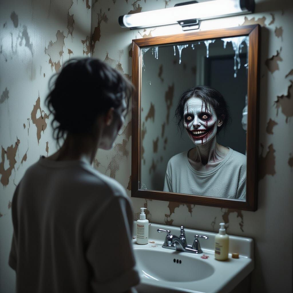 Horrifying Mirror Reflection in Photorealistic Horror Scene
