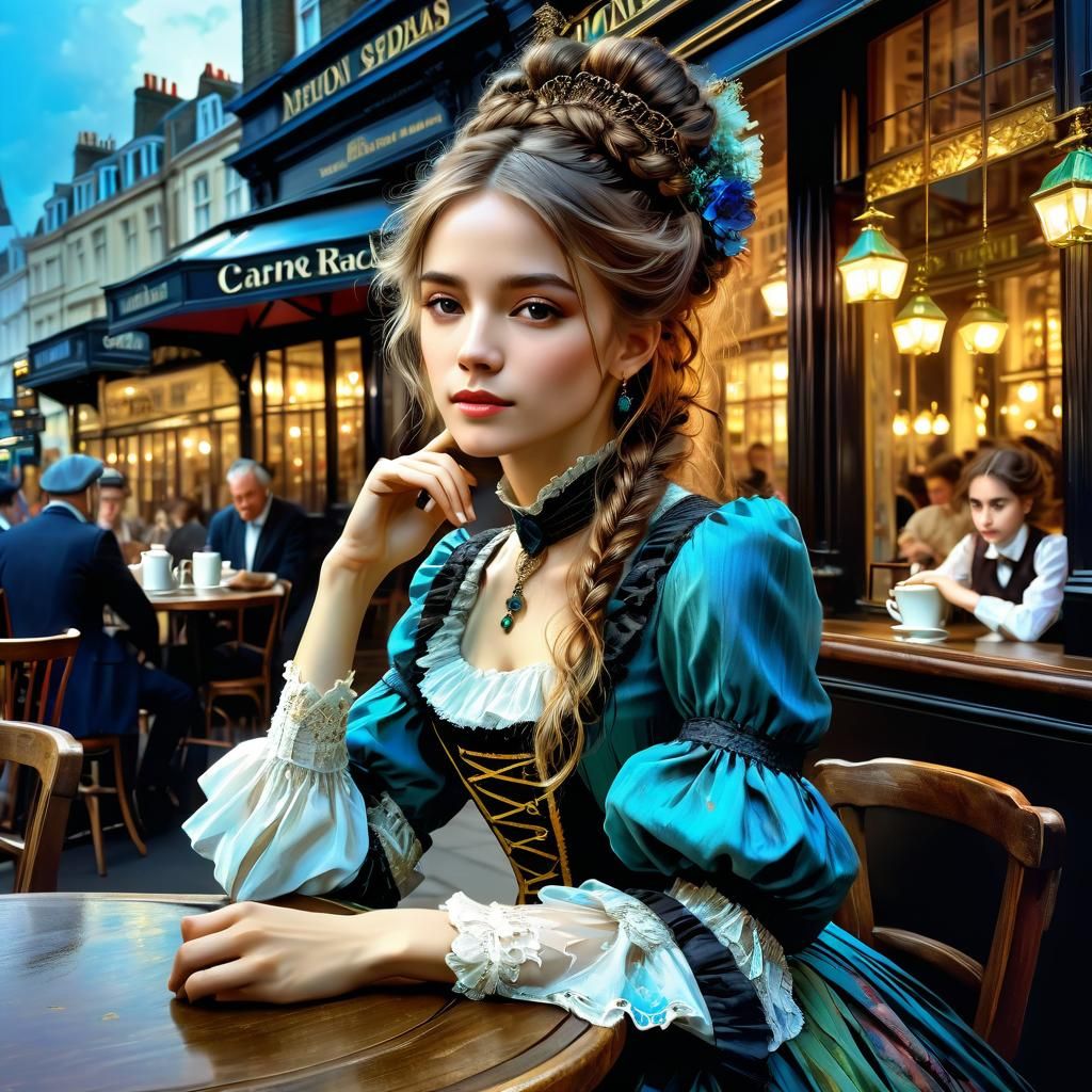 Victorian Woman at London Cafe in Anime Style