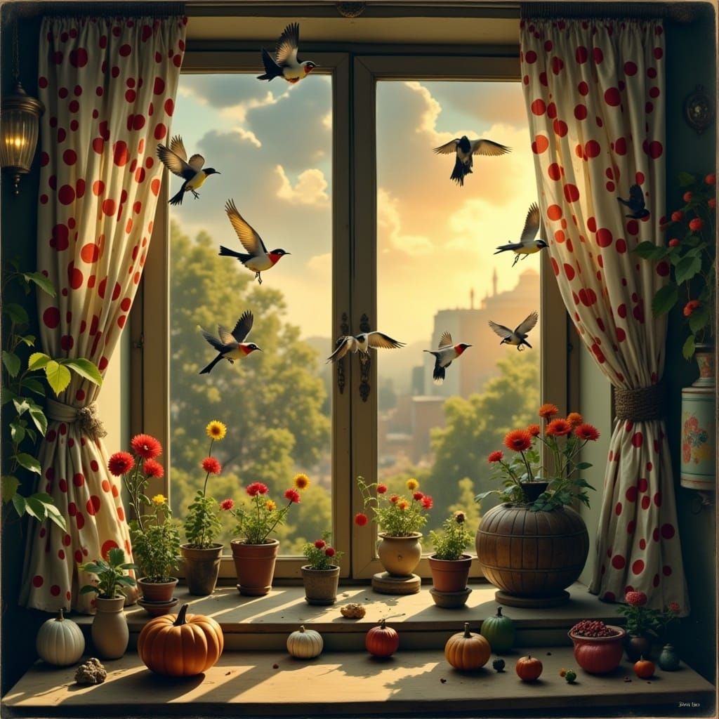 Window View with Birds and Rain, Carnival Style