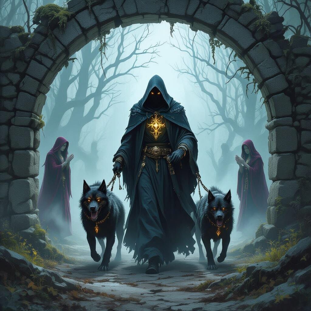 Gothic Dark Fantasy Archmage and Three-Headed Dog