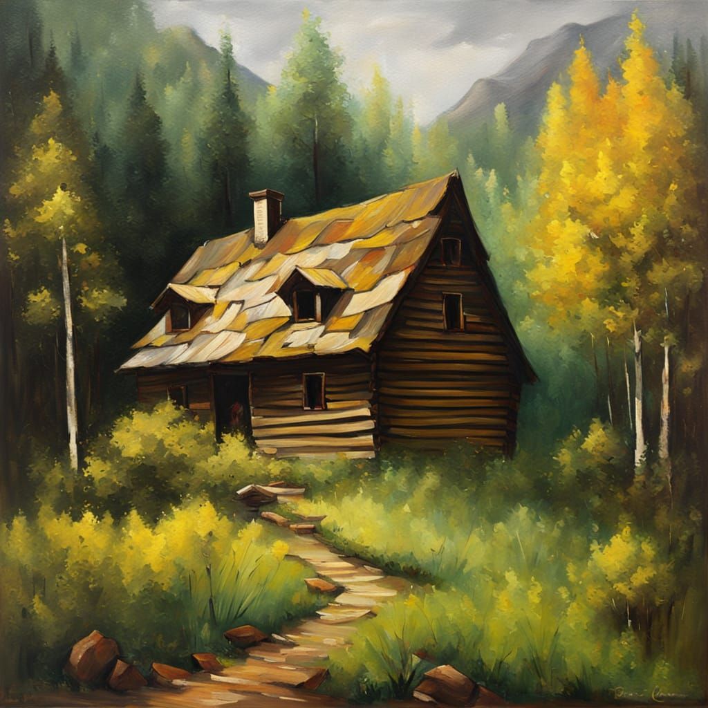 Baroque Cabin in Woods: Oil on Canvas Style