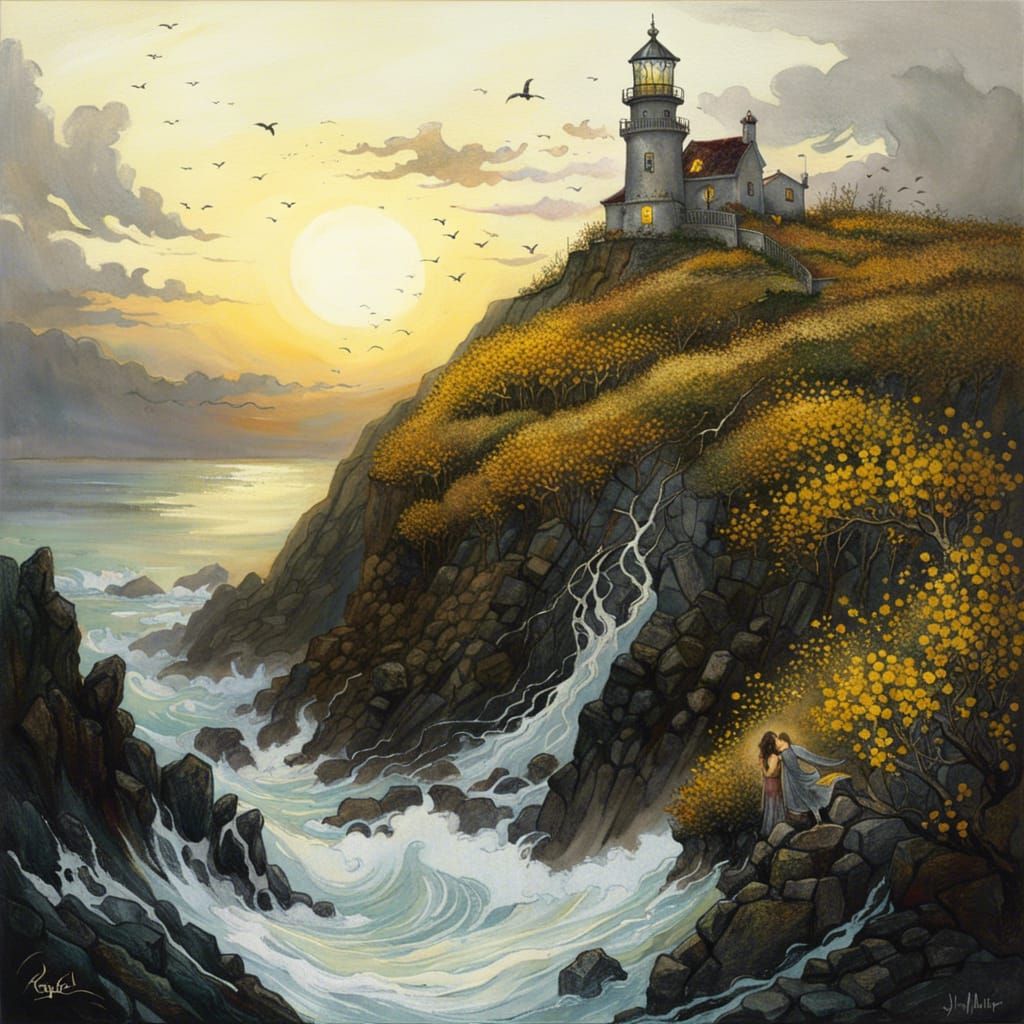 Lighthouse on Flowering Cliff at Sunset in Pen-and-Ink Style