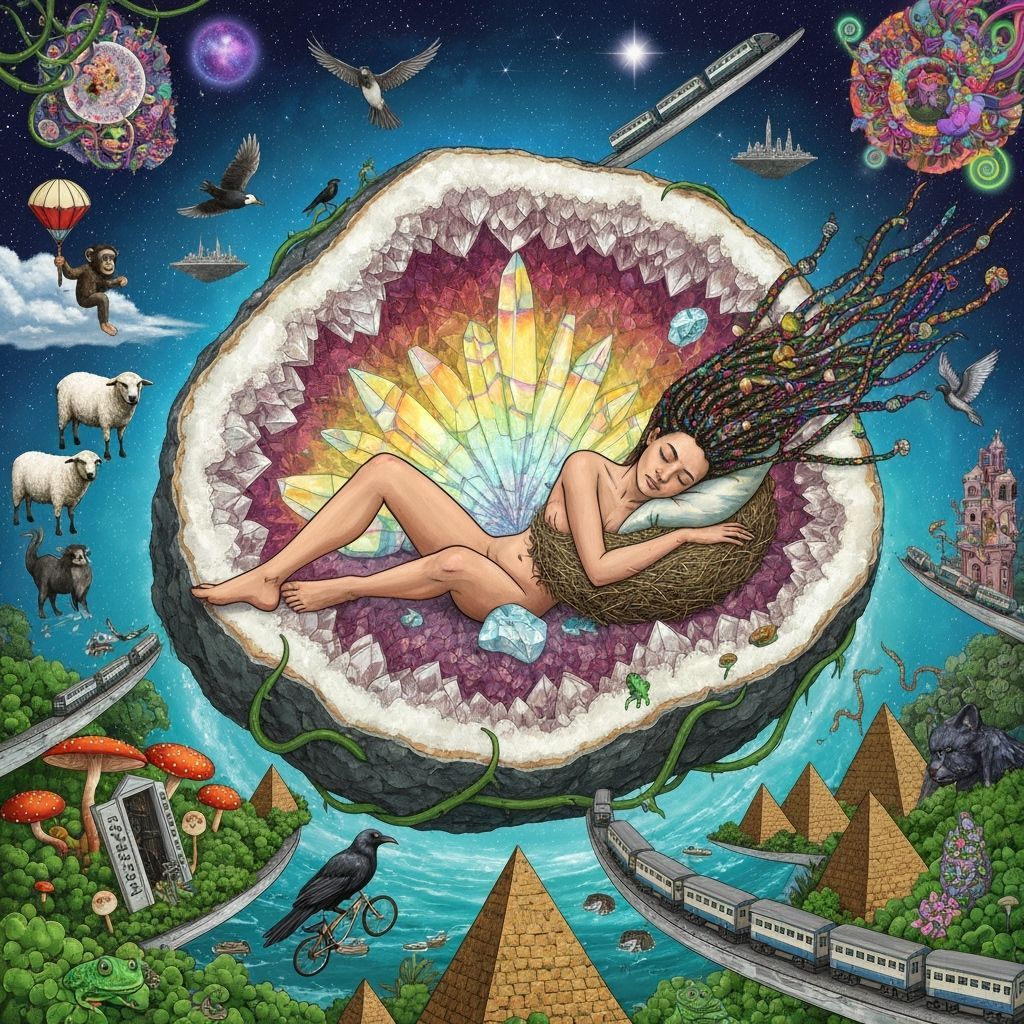 Surreal Dreamscape: Person Asleep Inside Geode
