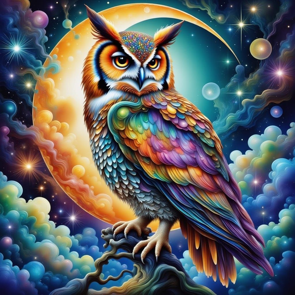 Ethereal Magic: A Dreamy Owl Perched on a Glowing Moon