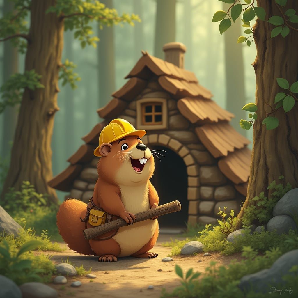 Beaver Builds Lodge in Animated Style Forest
