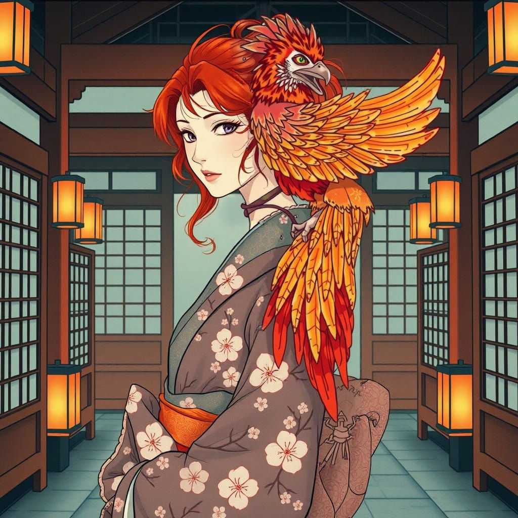 Red Haired Woman with Phoenix in Japanese Temple