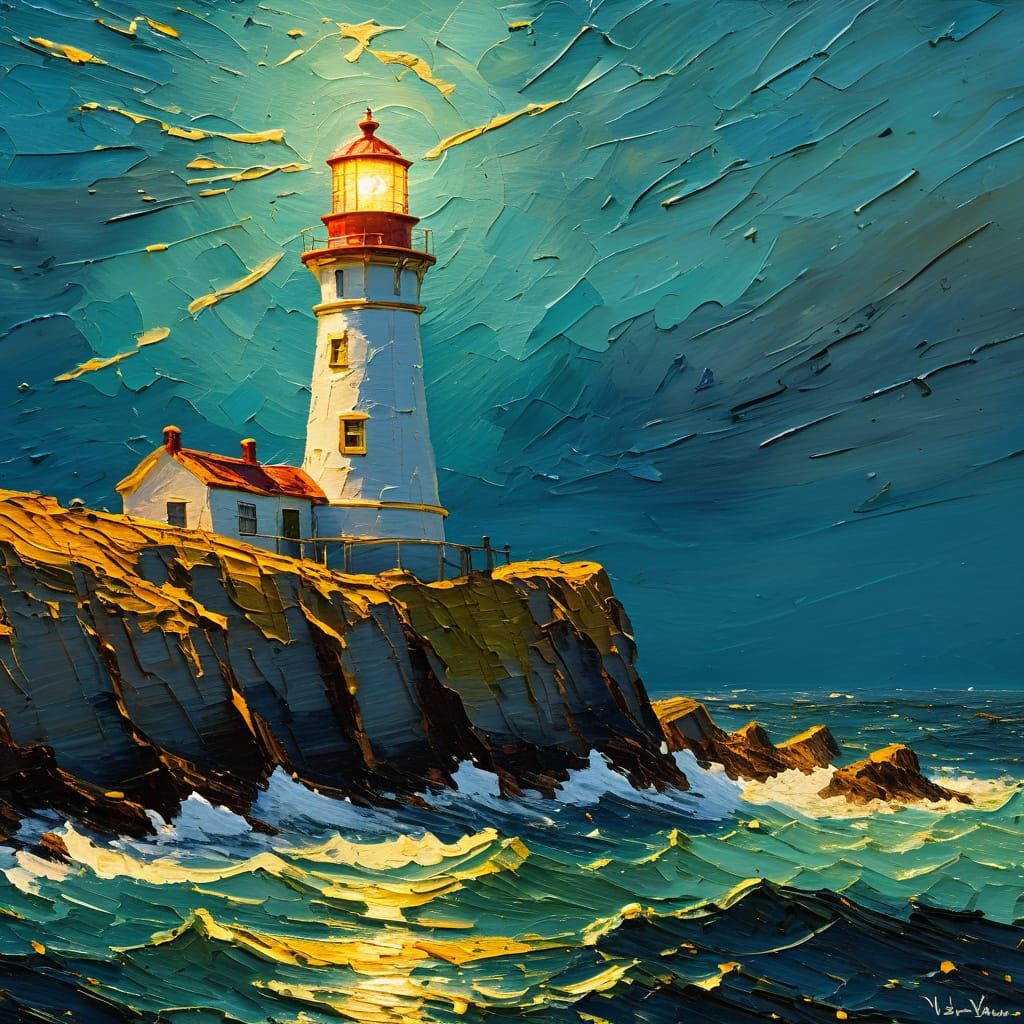 Lighthouse on Cliff in Impasto Oil Painting