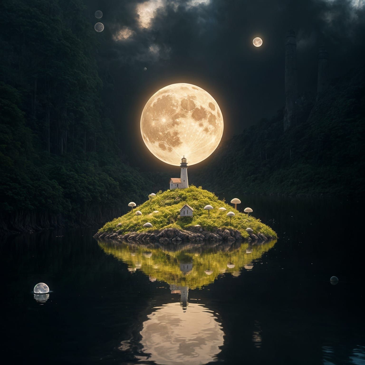 Glowing Moon over Island with Lighthouse