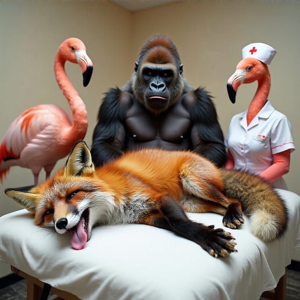 Relaxed Fox on Massage Bed, Cartoon Style