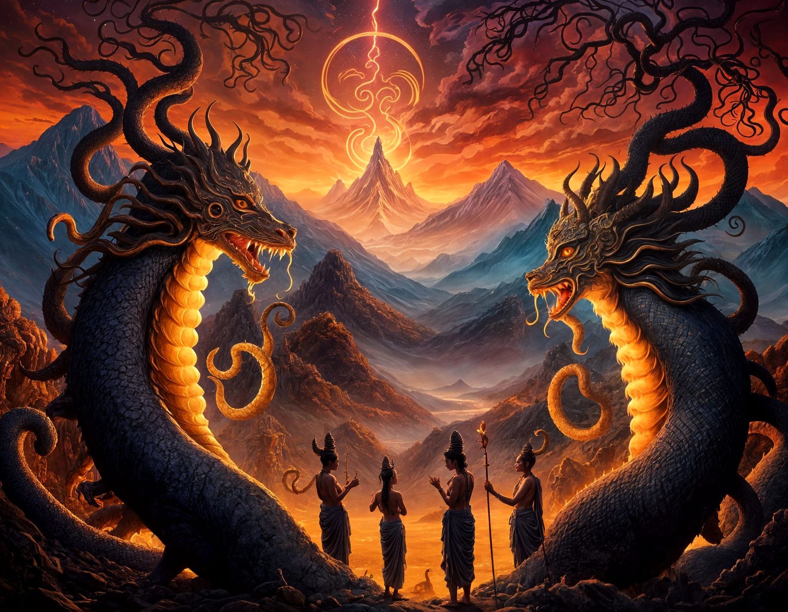 Nagas and Hindu Divinities in Dreamlike Landscape