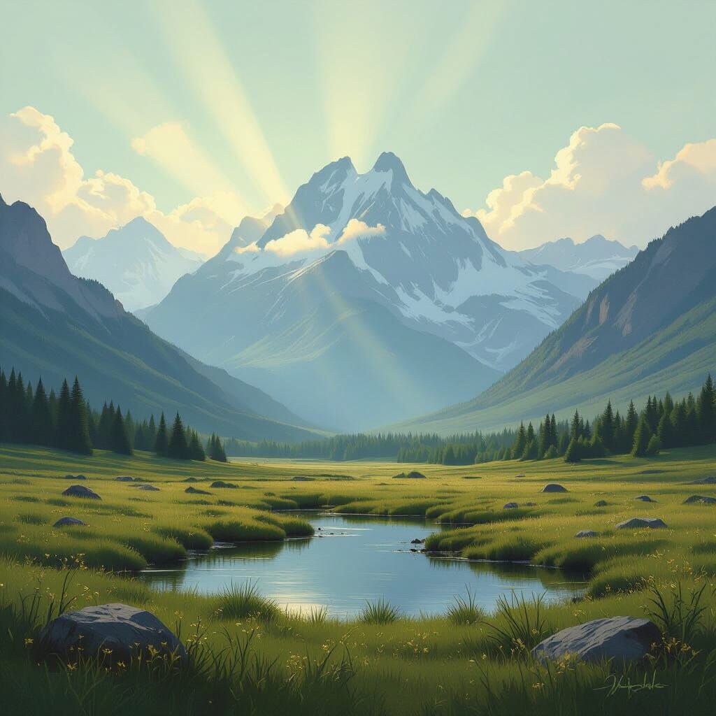 Majestic Mountain Valley with Divine Light