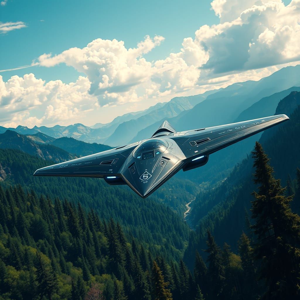 Sleek Star-Shaped Black Airplane Soars Over Majestic Mountai...