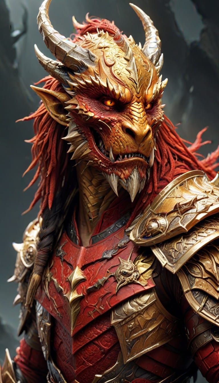 Golden Dragonborn Fighter in Majestic Red Armor