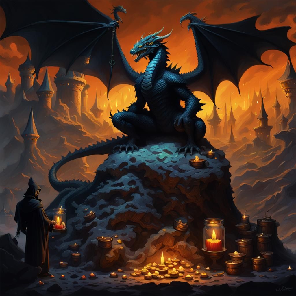 Black Dragon Guarding Treasure, Frazetta Style Painting