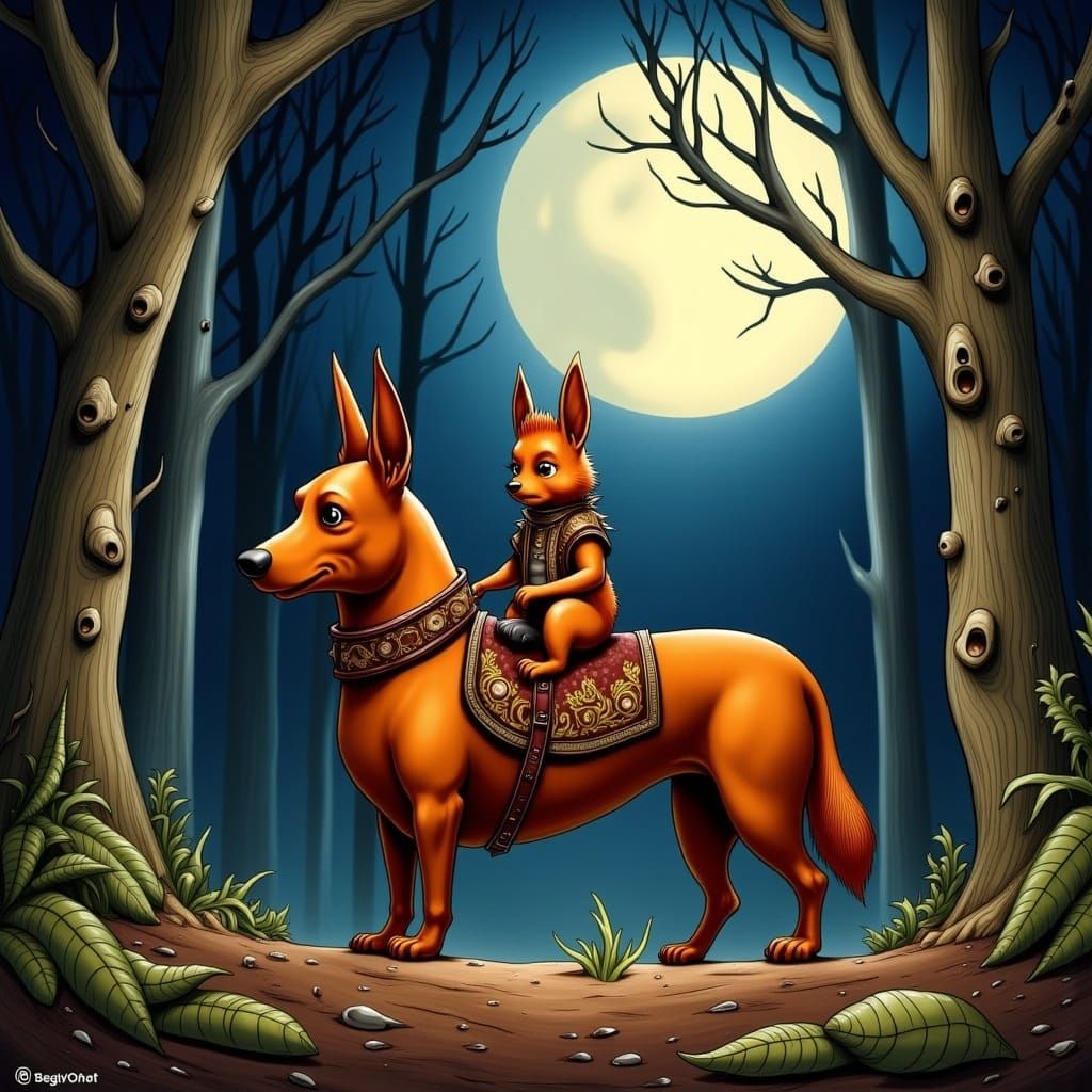 Squirrel and Dachshund Steed in Moonlit Forest