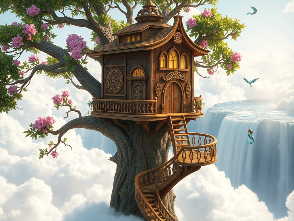 Whimsical Treehouse Floating Above Clouds in Mandala Style