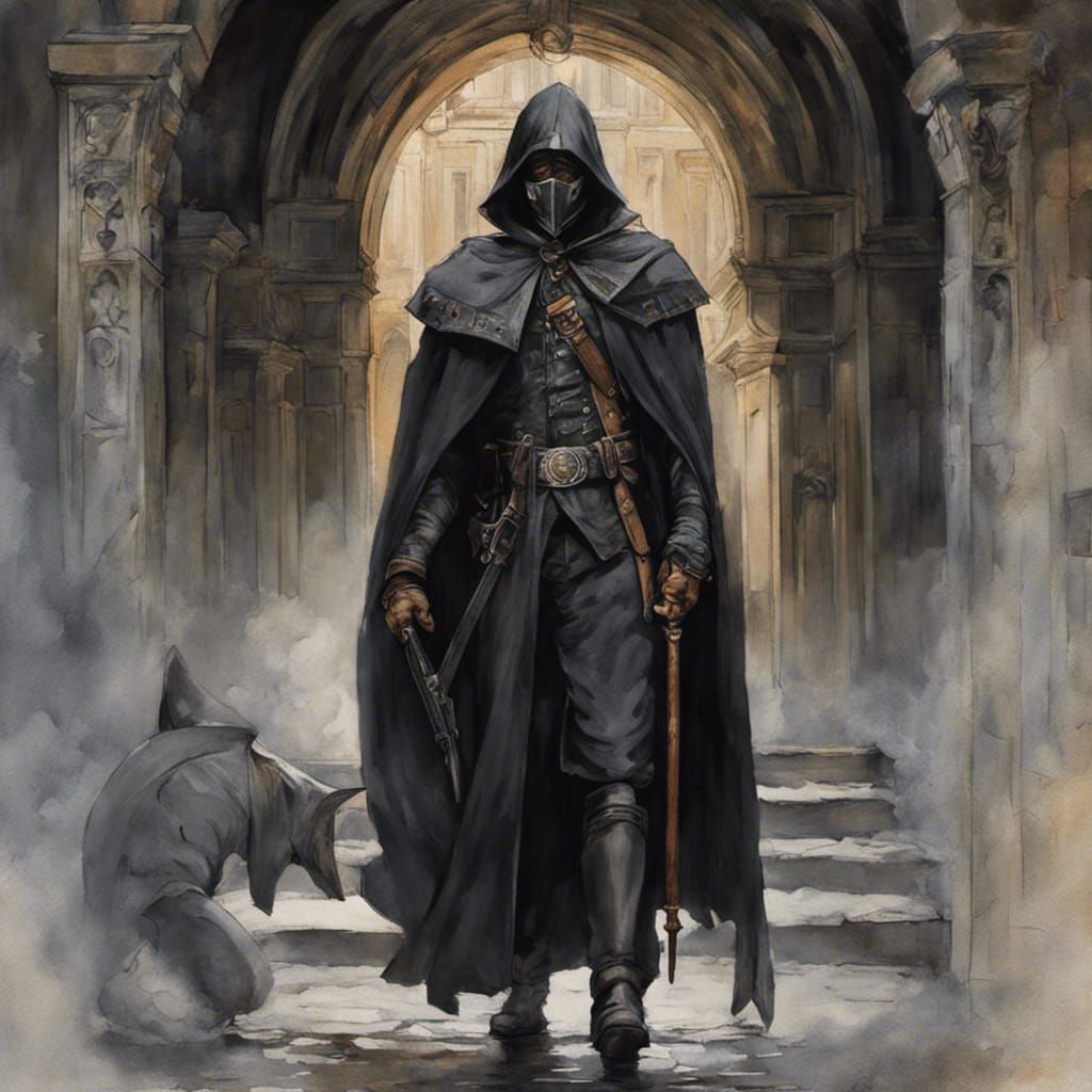 Plague Doctor in Dark Medieval Street, Watercolor Style