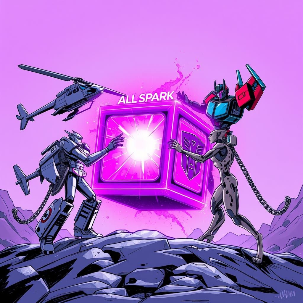 Sleek Autobots Reach for the Radiant All Spark Cube in Neon ...
