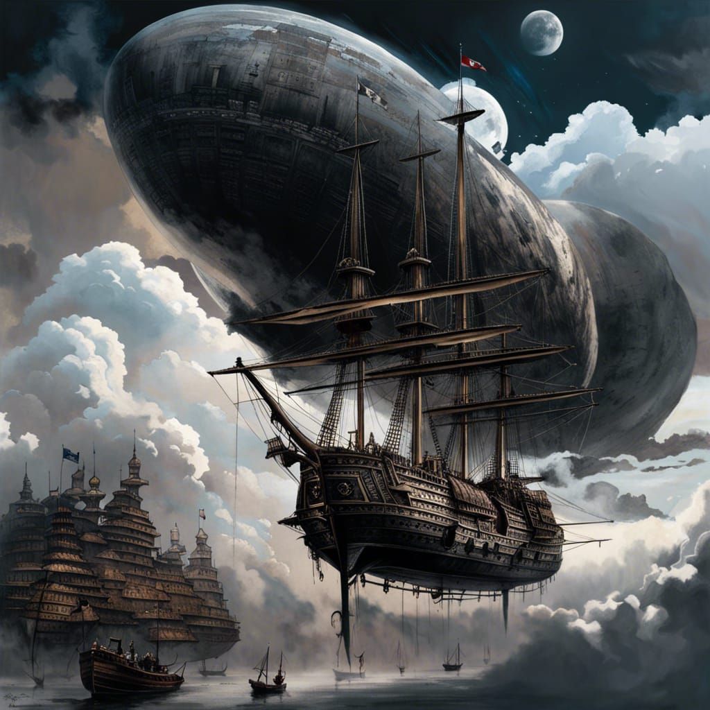 Galleon Ship Sailing in Cloudy Fantasy Landscape