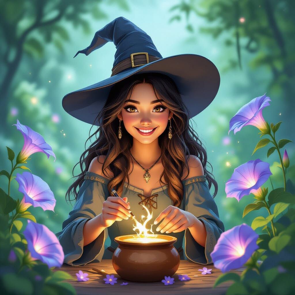 Young Witch Brews Potion Amidst Morning Glories
