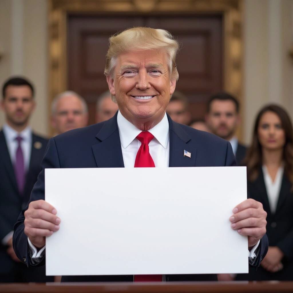 Donald Trump Holding Blank Sign at Press Conference