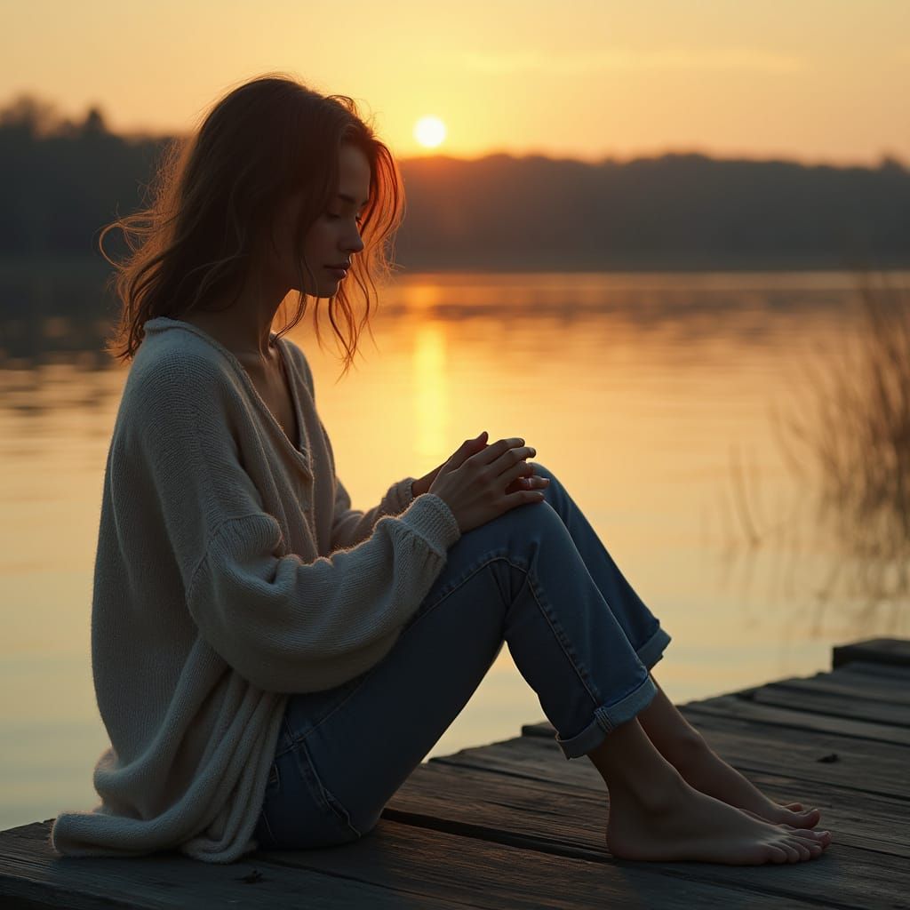 Young Woman Lost in Thought on Serene Lake Dock