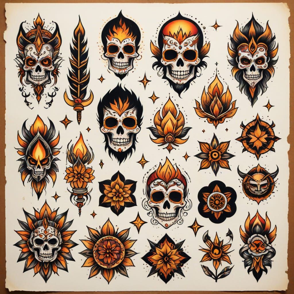 Traditional Tattoo Flash Sheet with Bold Designs