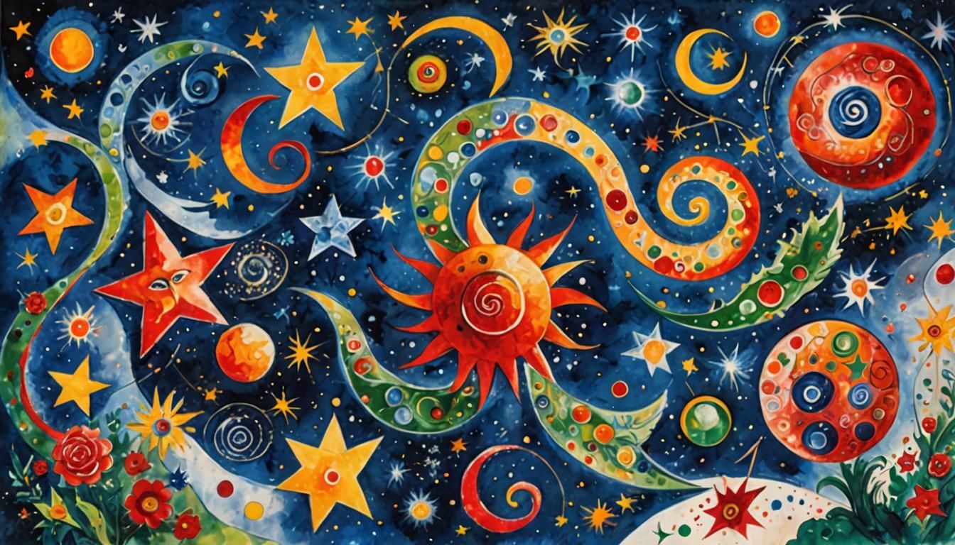 Cosmic Art: Binary Stars in Impressionist Gouache Style