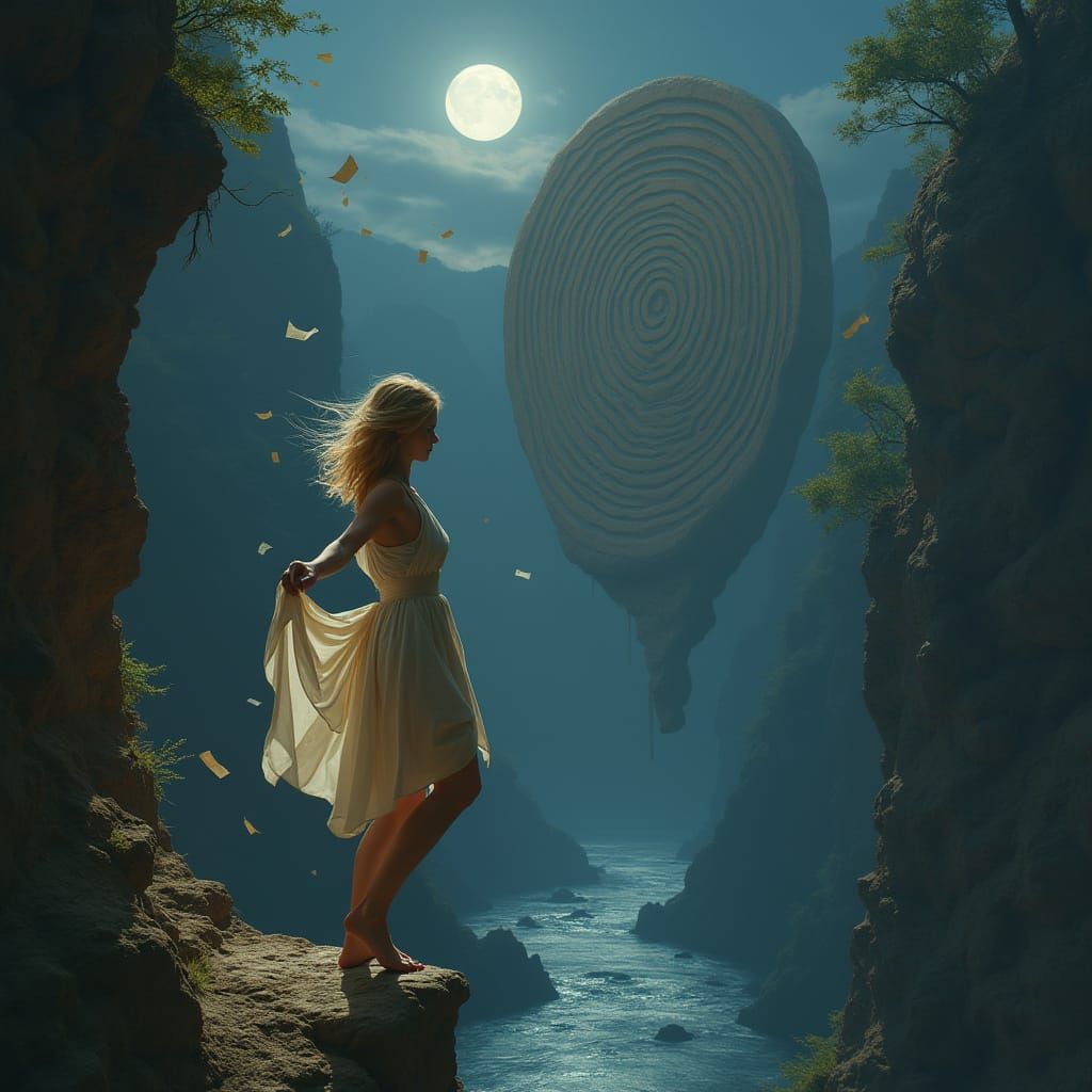 Ethereal Goddess on Cliff's Edge in Dreamlike Labyrinthine S...