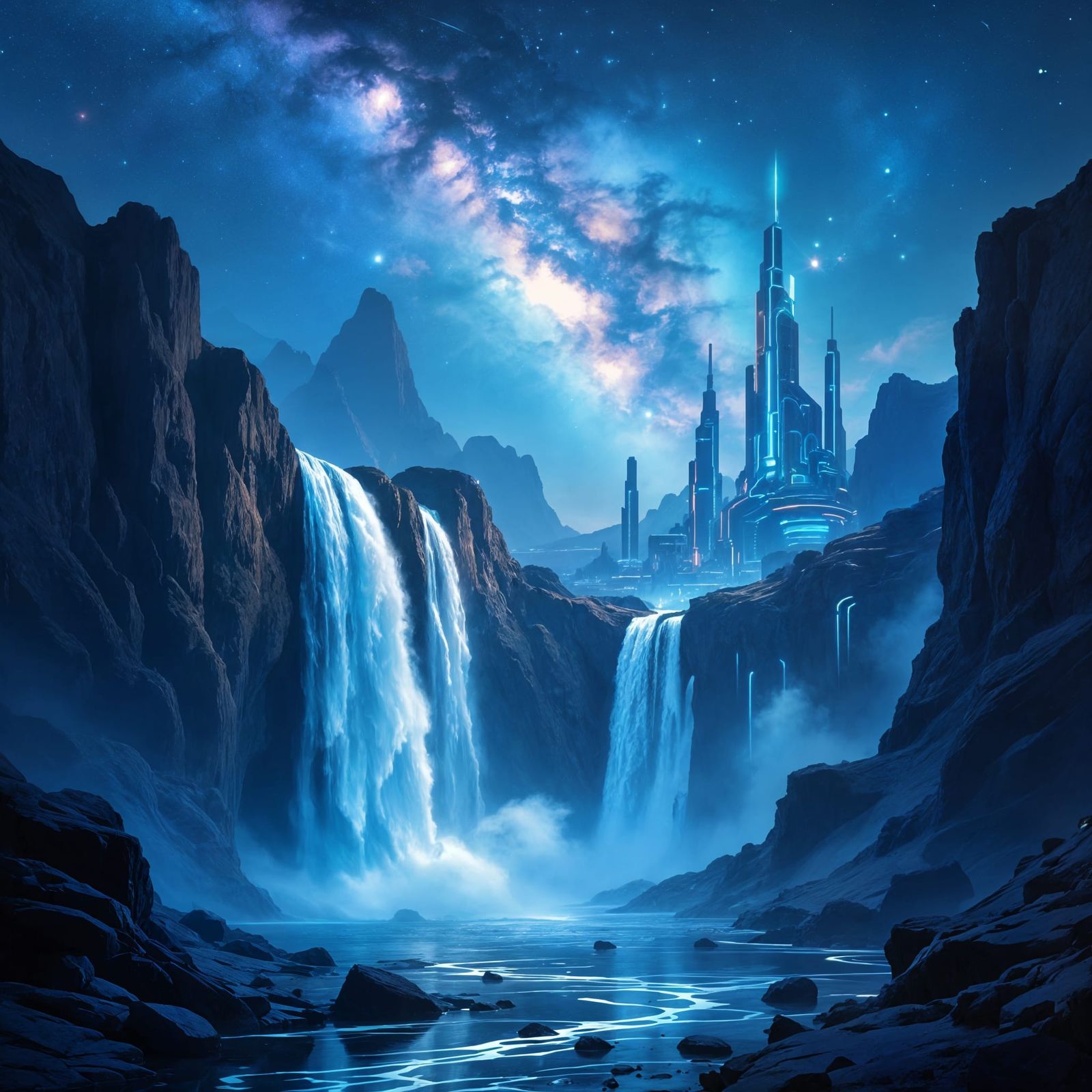 Futuristic Exoplanetary Waterfall in Sci-Fi Illustration