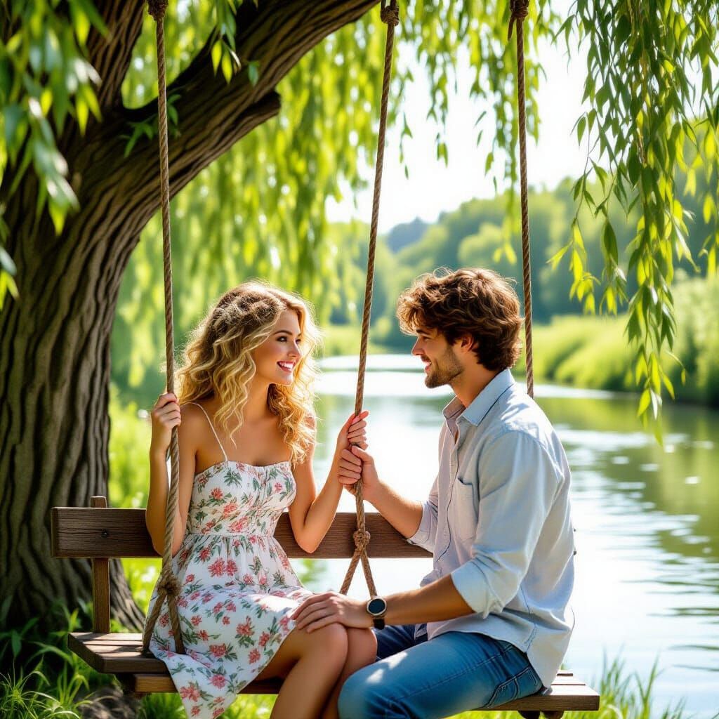 Couple's Serene Summer Moment on Willow Swing