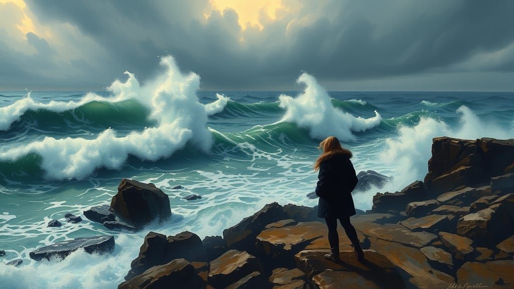 Woman Gazing at Stormy Sea, Romantic Style