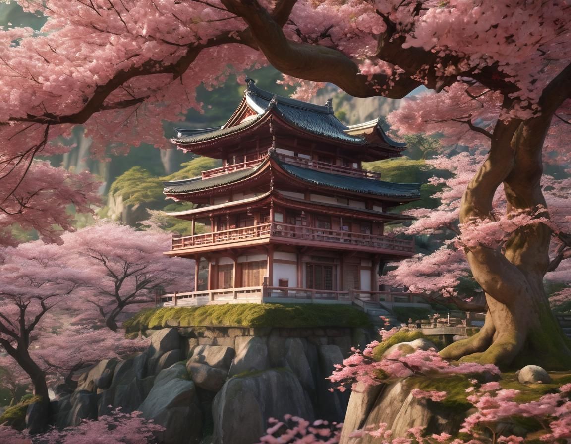 Cherry Blossom Temple: 3D Anime Art in Japanese Countryside