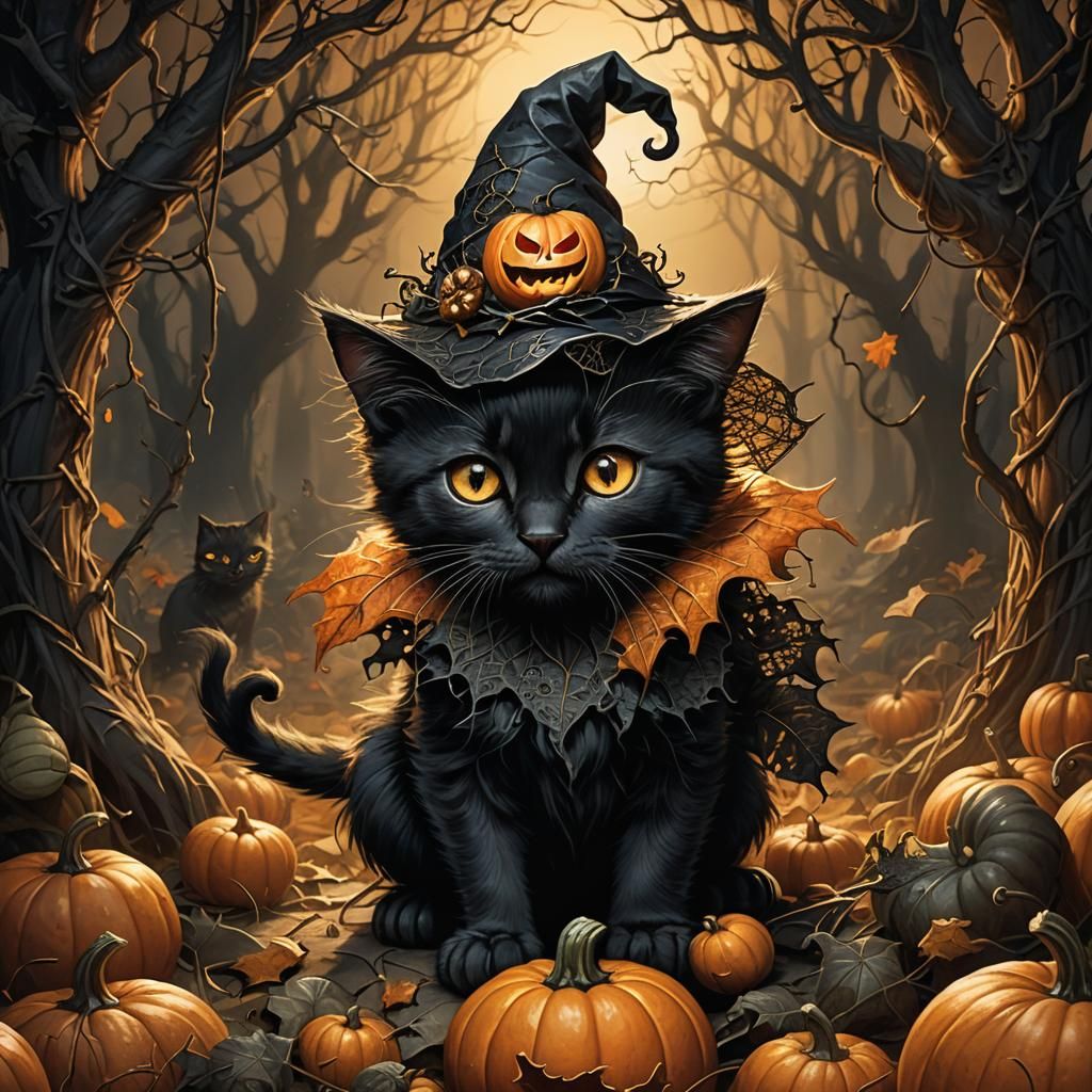 Eerie Autumn Kitten in Pumpkin Hat: Dark Fantasy