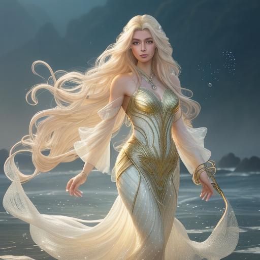 Fantasy Mermaid Combing Hair on Misty Shore