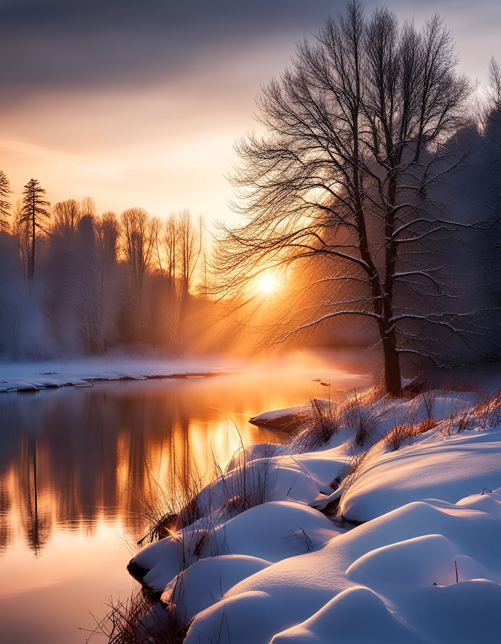 Ethereal Steampunk Winter River at Sunset