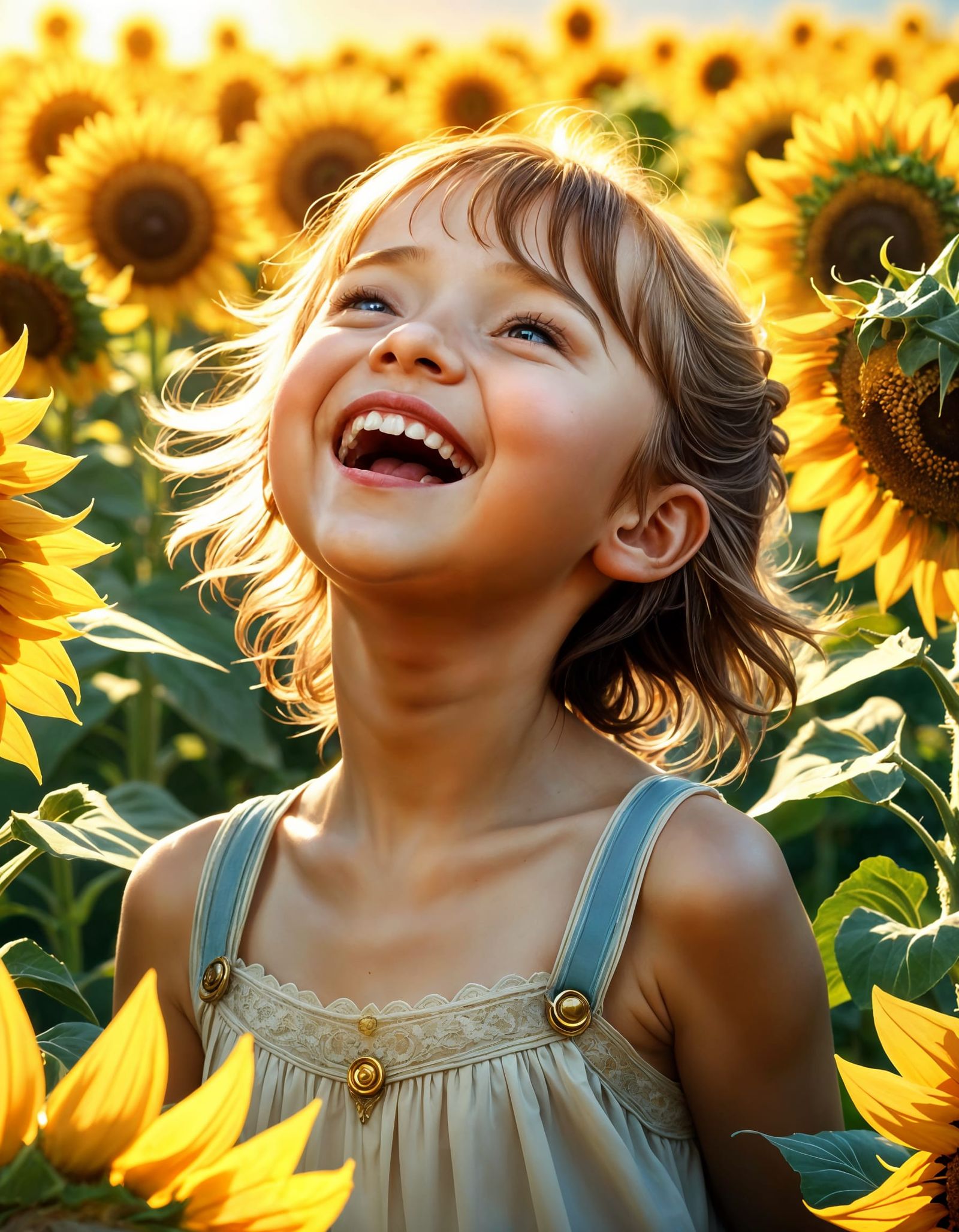 Radiant Child's Joyful Laughter in Sunflower Field